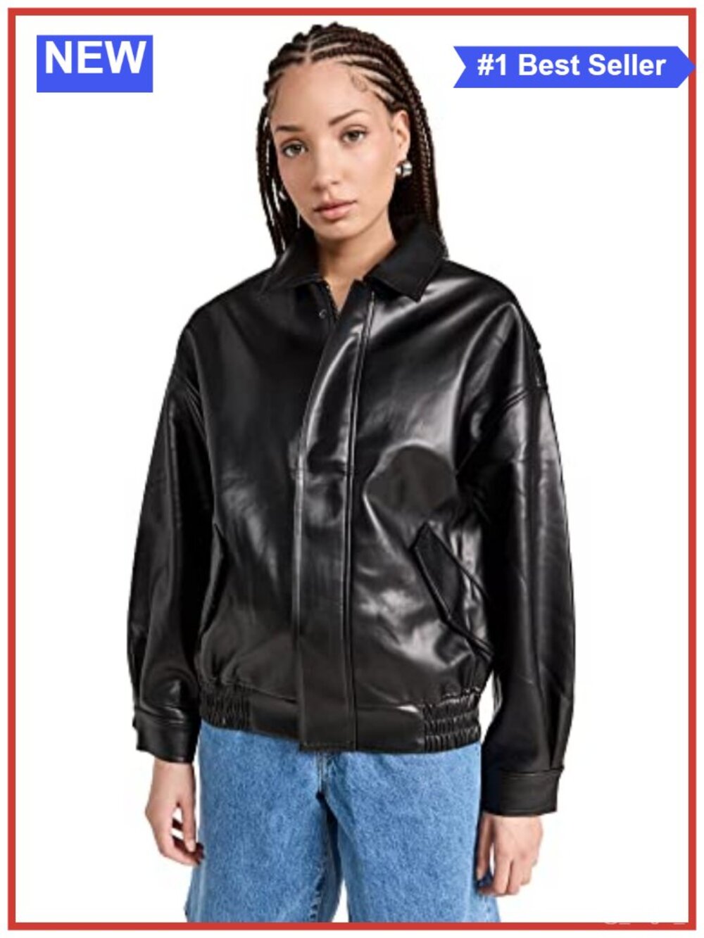 Faux Leather Bomber Jacket Collared Flap Pockets Elastic Hem